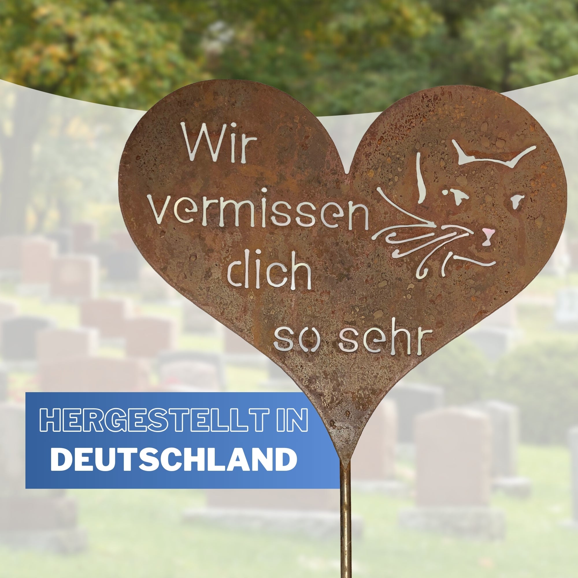 Tiergrab Stecker Grabherz mit Spruch Katze Rost