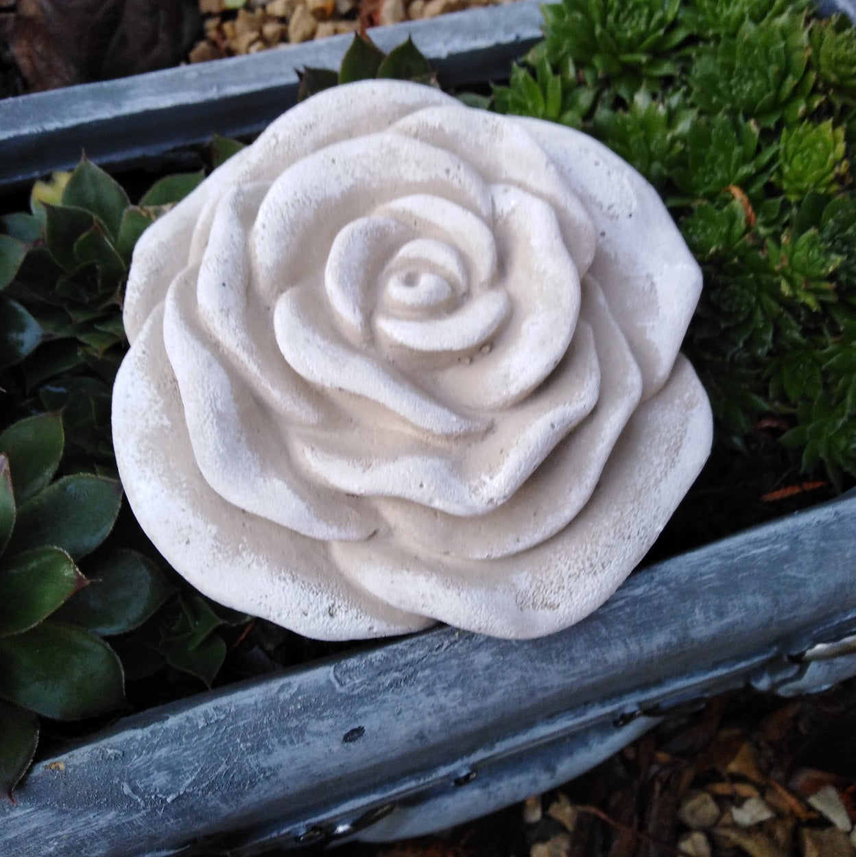 Stein Rose Rosenblüte Blüte Blumen Steinguss frostfest wetterfest Garten Deko 12cm hellgrau
