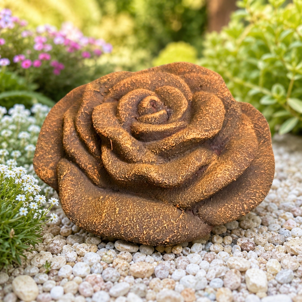 Rosenblüte aus Stein – Steinrose Blüte aus Steinguss, frostfeste Gartendeko Rost-Optik 12 cm