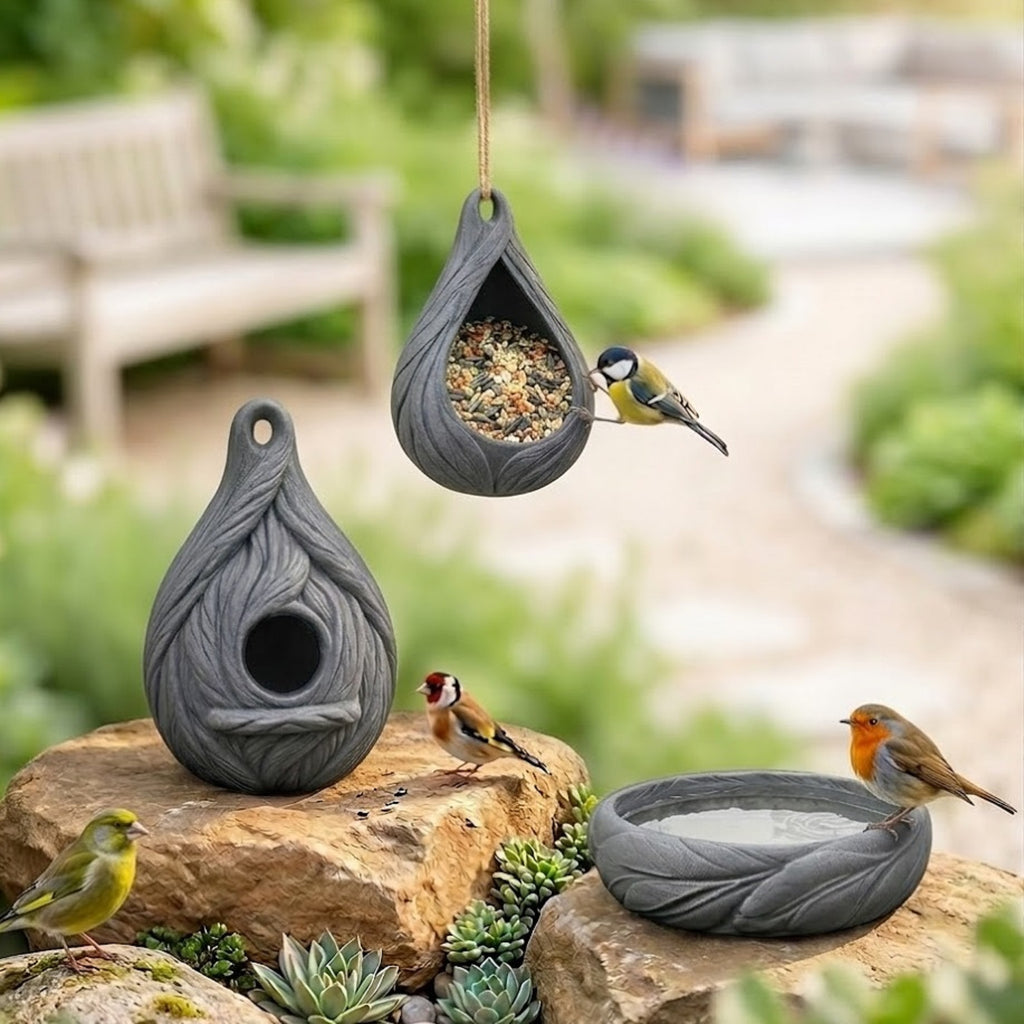 Vogel-Oase 3er-Set – Vogelhaus, Futterstelle und Vogeltränke