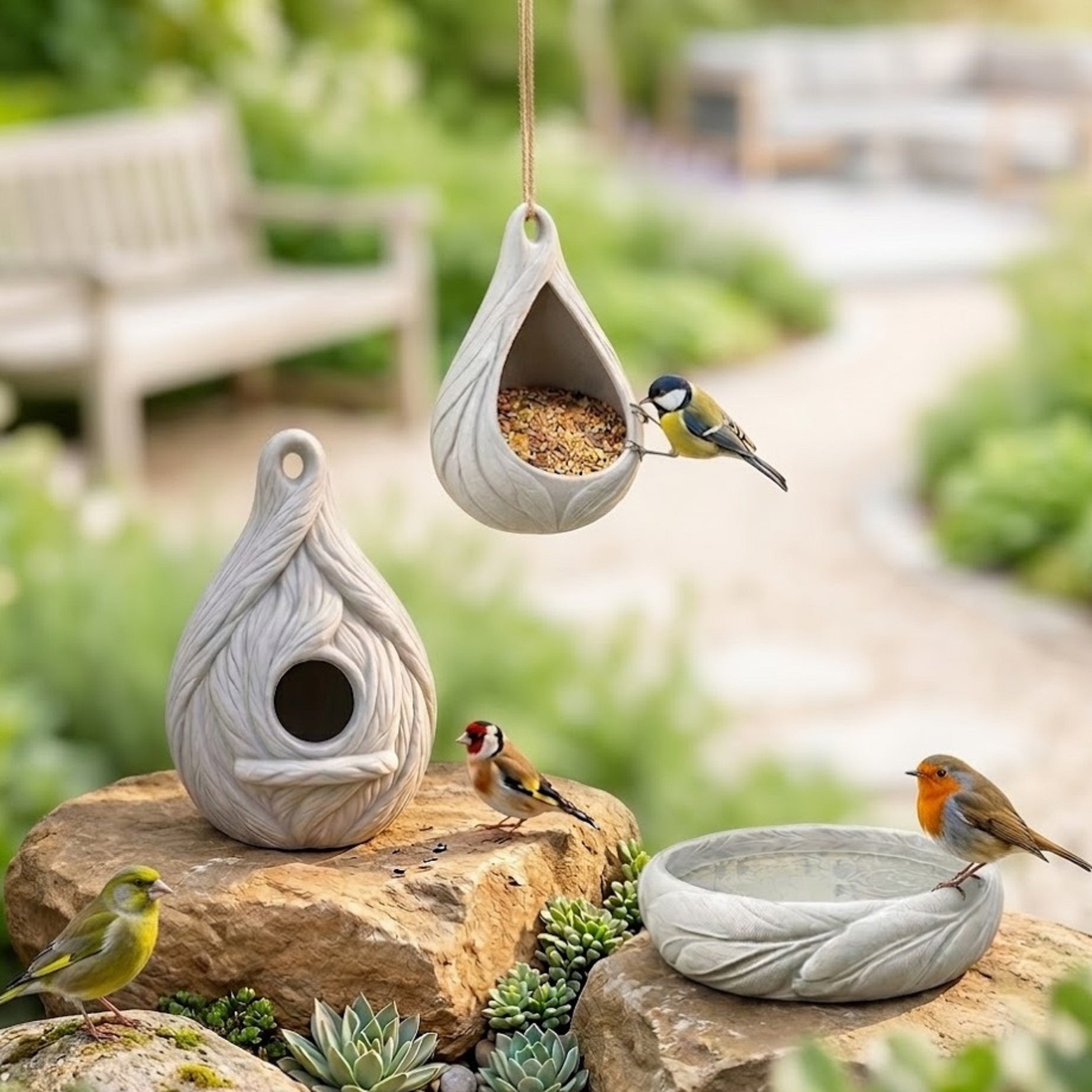 Vogel-Oase 3er-Set – Vogelhaus, Futterstelle und Vogeltränke