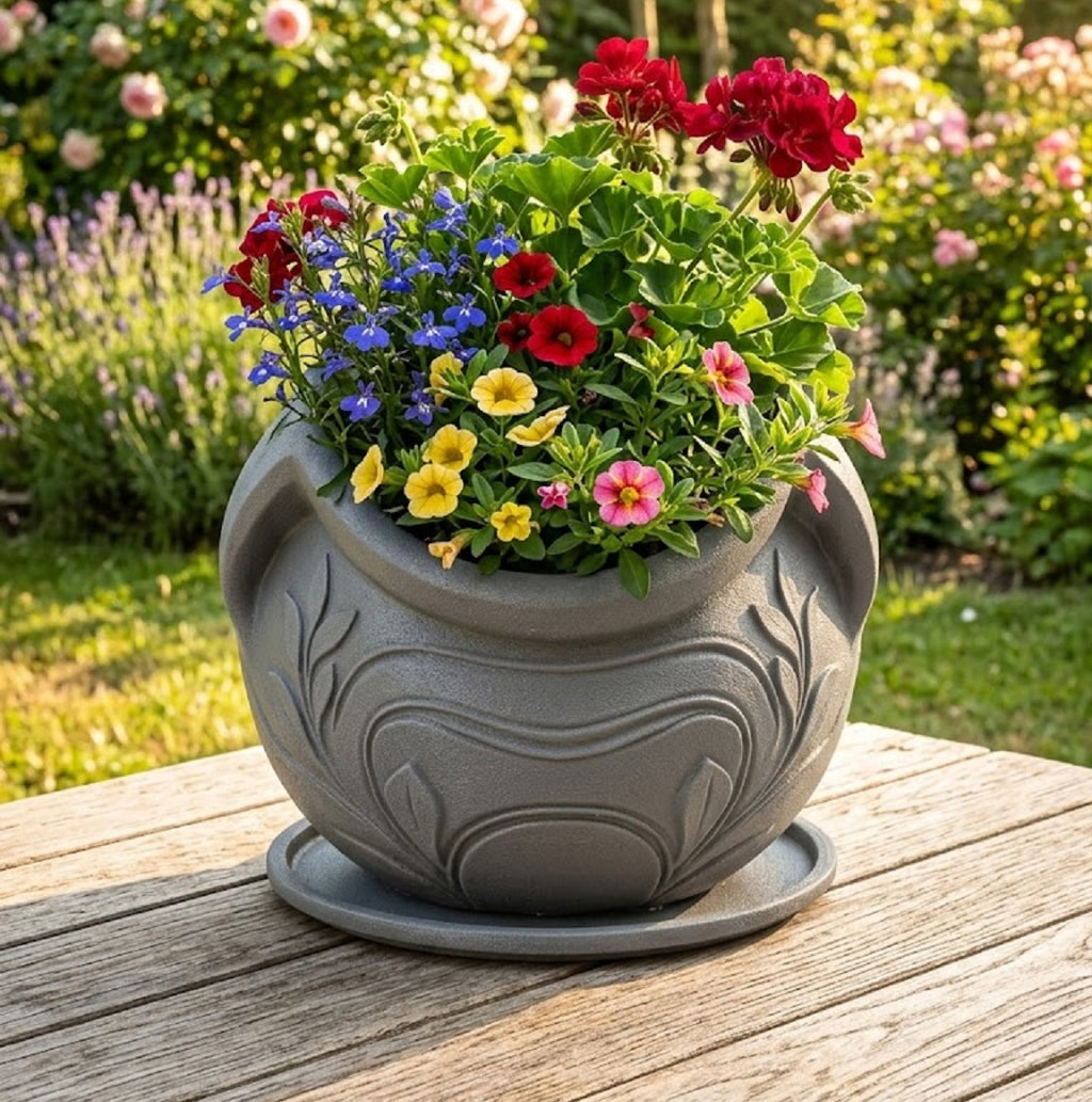 Amphore Pflanztopf mit floralem Relief – dekorativer Pflanzkübel für Garten, Terrasse & Eingangsbereich