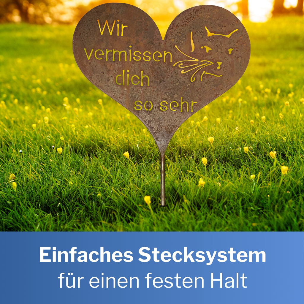 Tiergrab Stecker Grabherz mit Spruch Katze Rost